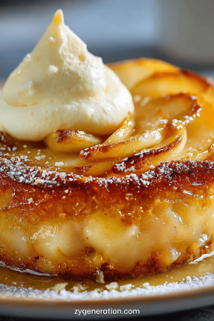 Gâteau fondant aux pommes et mascarpone avec morceaux de pommes caramélisées et texture moelleuse, servi tiède sur une assiette élégante.