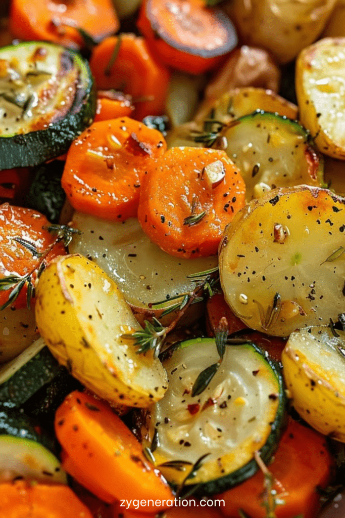 Plateau de légumes rôtis au four avec pommes de terre, carottes, courgettes et oignons dorés, parfumés à l’ail et aux herbes.