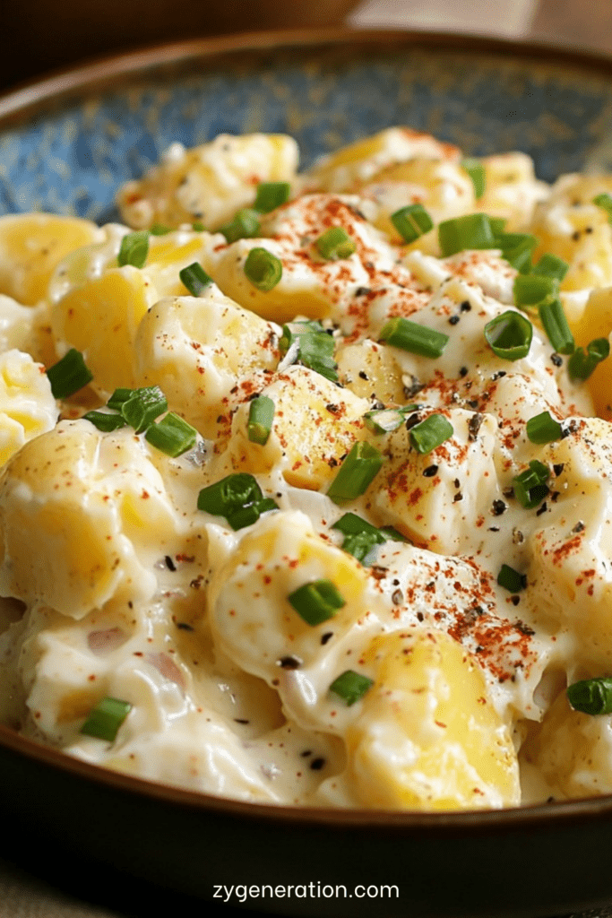 Saladier de salade de pommes de terre classique avec morceaux de pommes de terre fondants, œufs durs, oignon rouge, céleri, cornichons et ciboulette fraîche.