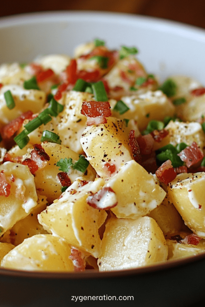 Saladier de salade de pommes de terre au bacon et à l’ail avec rondelles de pommes de terre fondantes, bacon croustillant, persil frais haché et vinaigrette tiède parfumée.