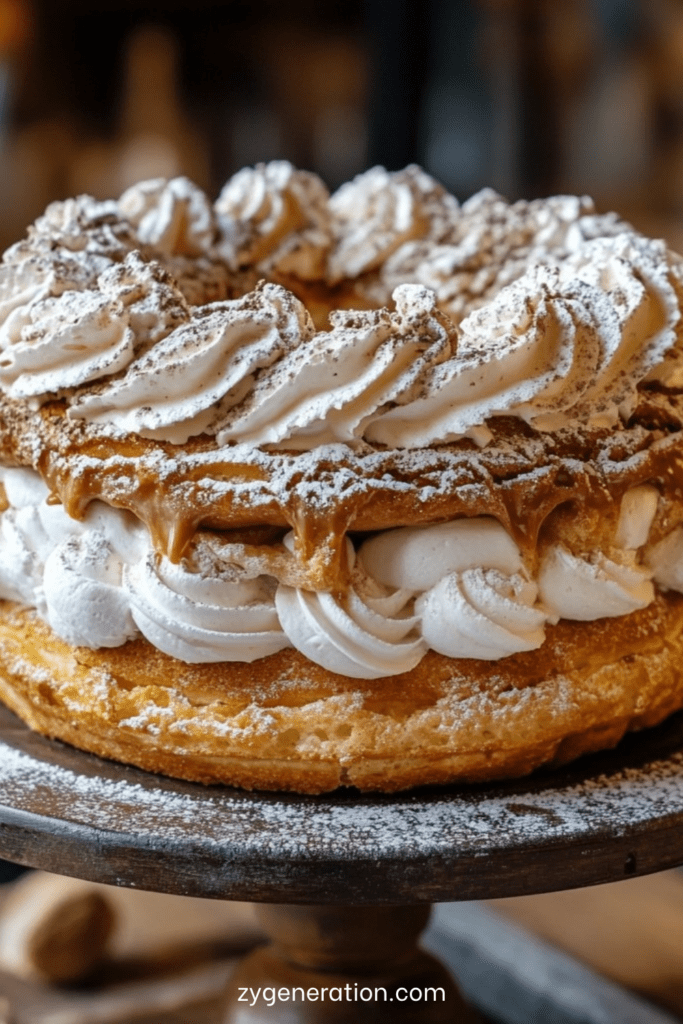 Paris-Brest traditionnel en couronne avec pâte à choux dorée, amandes effilées grillées et garniture généreuse de crème mousseline pralinée.