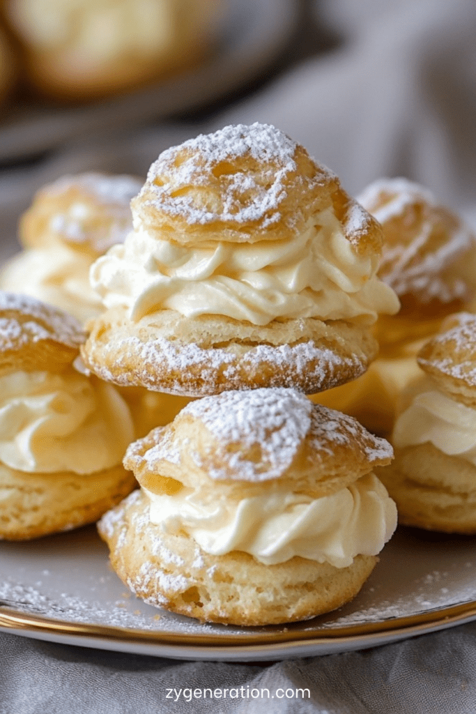 Choux à la crème vanille dorés et garnis, saupoudrés de sucre glace, avec une texture légère et une crème pâtissière onctueuse visible à l’intérieur.