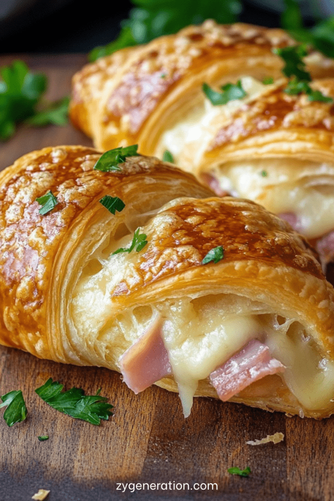 Croissant jambon fromage dorés au four avec fromage fondu et filant, intérieur moelleux et extérieur croustillant, servis chauds.