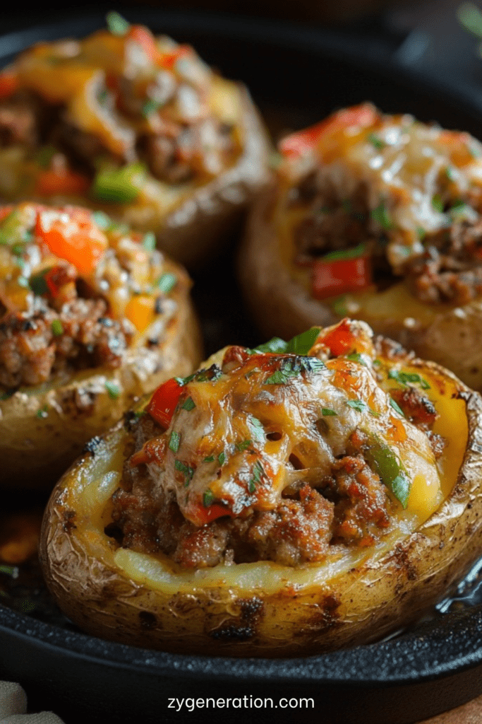 Pommes de terre farcies à la saucisse et aux poivrons, gratinées avec fromage fondu doré, servies chaudes dans un plat au four.