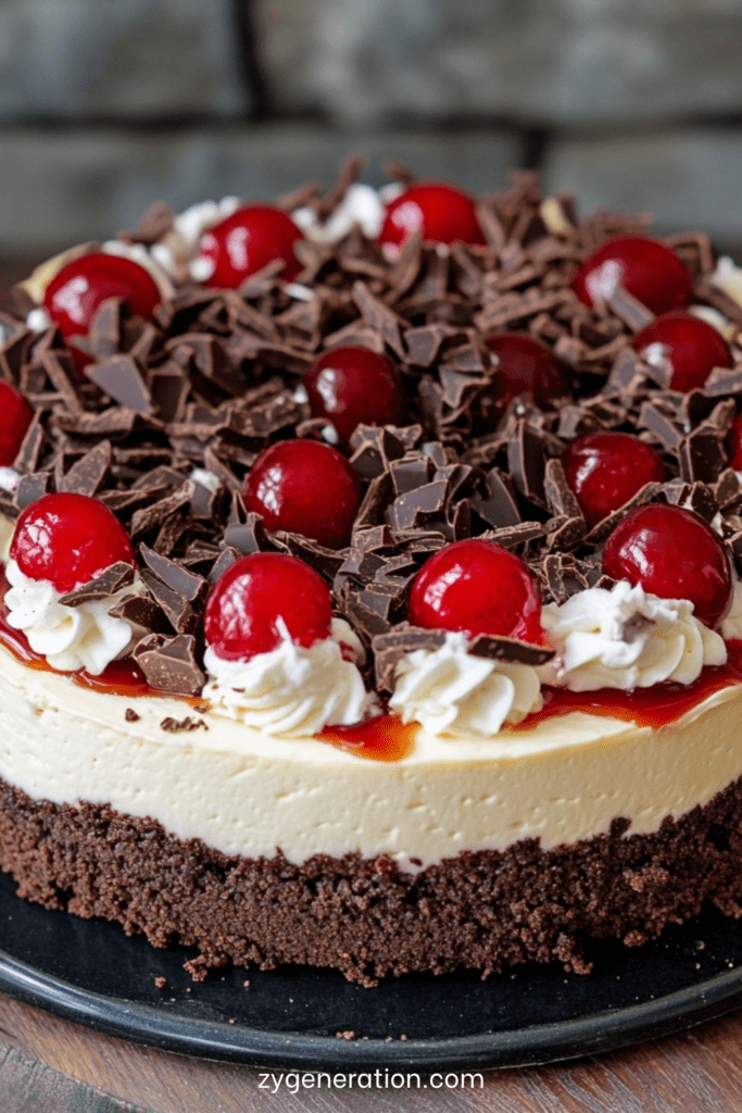 Cheesecake chocolat façon Forêt-Noire avec croûte de biscuits, garniture crémeuse au cacao, cerises brillantes et chantilly décorée de copeaux de chocolat.