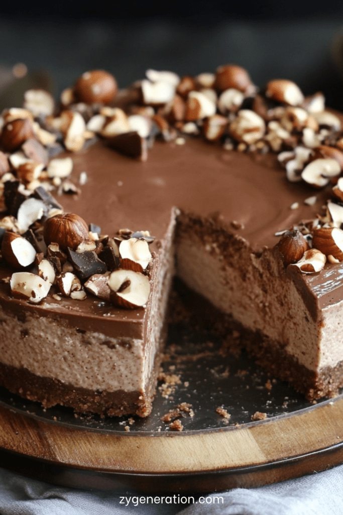 Cheesecake sans cuisson au Nutella et noisette avec base biscuitée, garniture crémeuse lisse et décor de noisettes, chocolat et filet de Nutella.