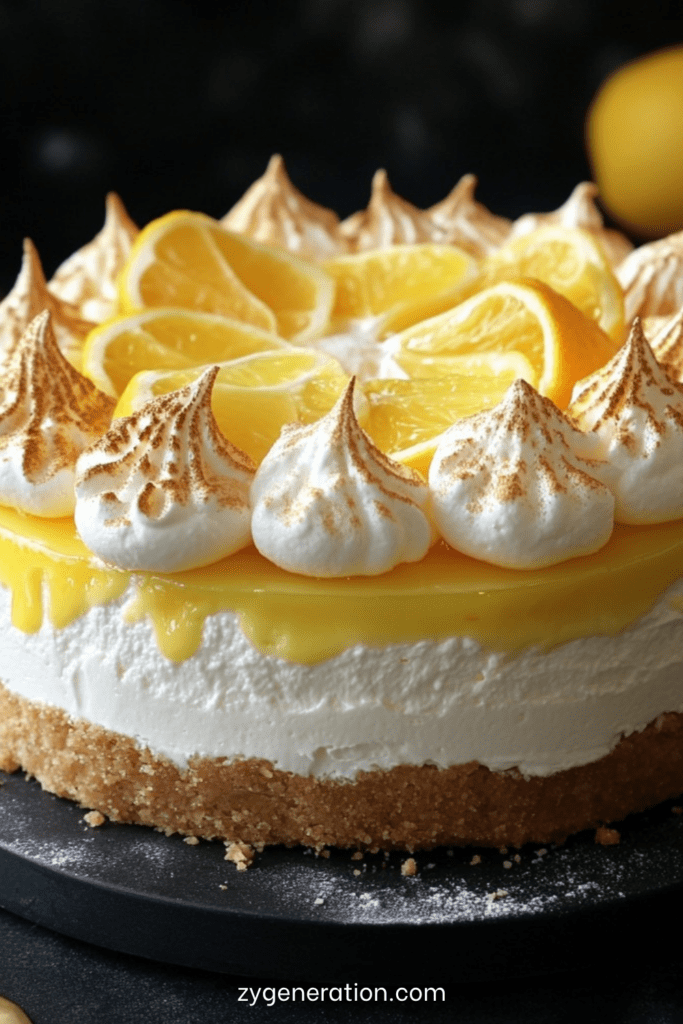 Cheesecake citron meringué avec base biscuitée dorée, garniture crémeuse au citron et meringue italienne caramélisée sur le dessus.