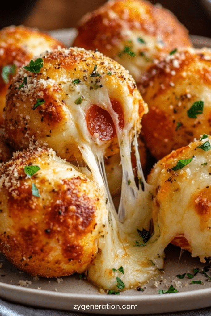 Bombes à pizza dorées au four avec cœur de mozzarella filante et pepperoni, surface croustillante au beurre et parmesan.