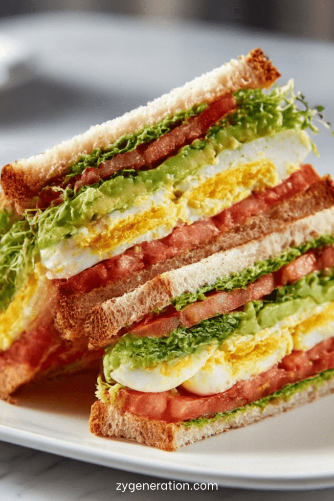 Sandwich froid gourmand garni de pain de mie grillé, avocat écrasé, rondelles d’œuf dur, tomate fraîche, salade verte et jeunes pousses, coupé en triangle sur une assiette claire.