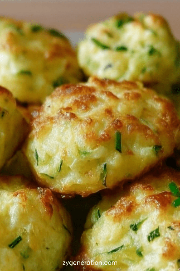 Petits nuages de courgettes au fromage cuits au four, dorés à l’extérieur et moelleux à l’intérieur, disposés sur une plaque avec herbes fraîches.