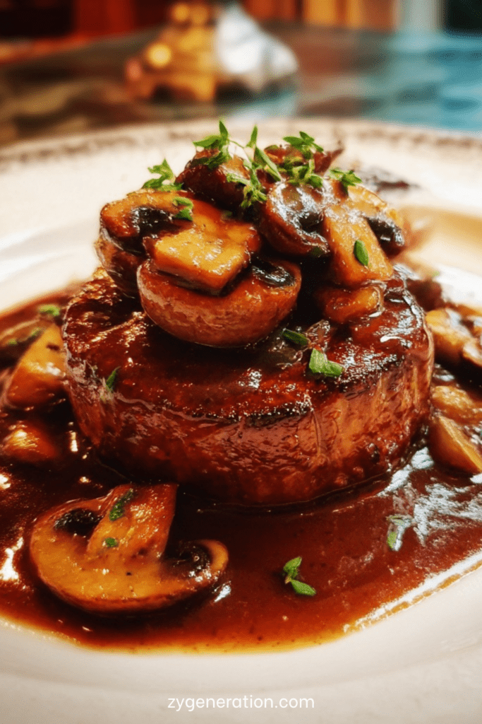 Tournedos de bœuf épais nappé de sauce au vin rouge brillante, accompagné de champignons dorés et parsemé de persil frais dans une assiette élégante.