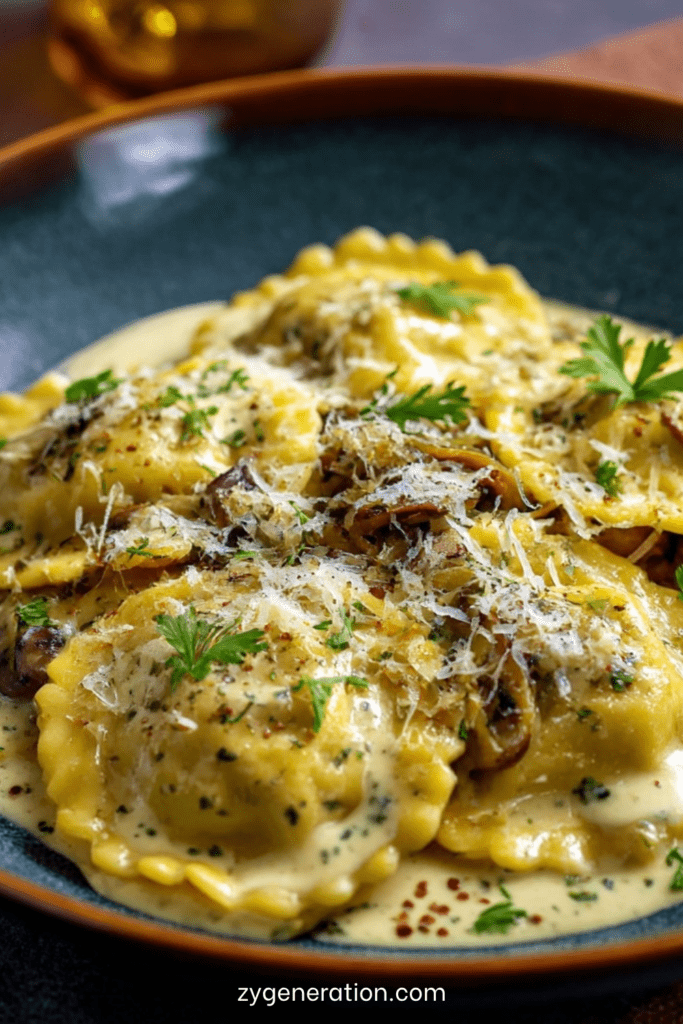 Ravioli maison farcis aux champignons nappés de sauce crémeuse au parmesan, servis dans une assiette creuse avec persil frais et fromage râpé.