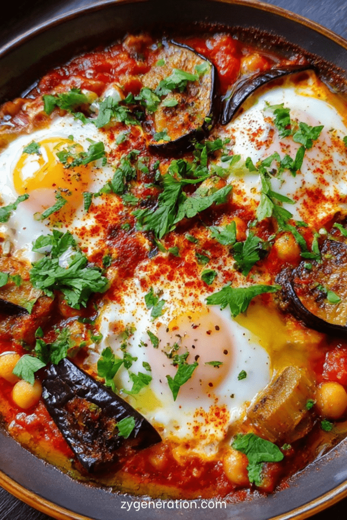 Chakchouka aux aubergines grillées et pois chiches avec œufs pochés dans une sauce tomate épicée, garnie de persil frais dans une poêle rustique.