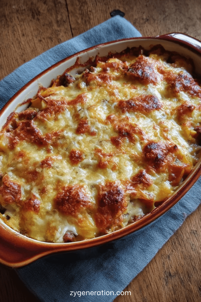ratin doré de viande hachée et légumes avec couches de pommes de terre fondantes et fromage gratiné croustillant en surface dans un plat au four.