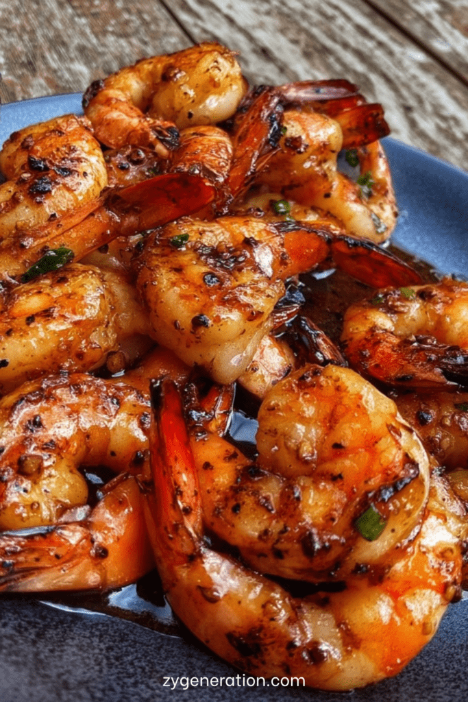 Crevettes sautées brillantes nappées de sauce miel-soja avec ail doré et herbes fraîches, servies dans une poêle avec une finition brillante.