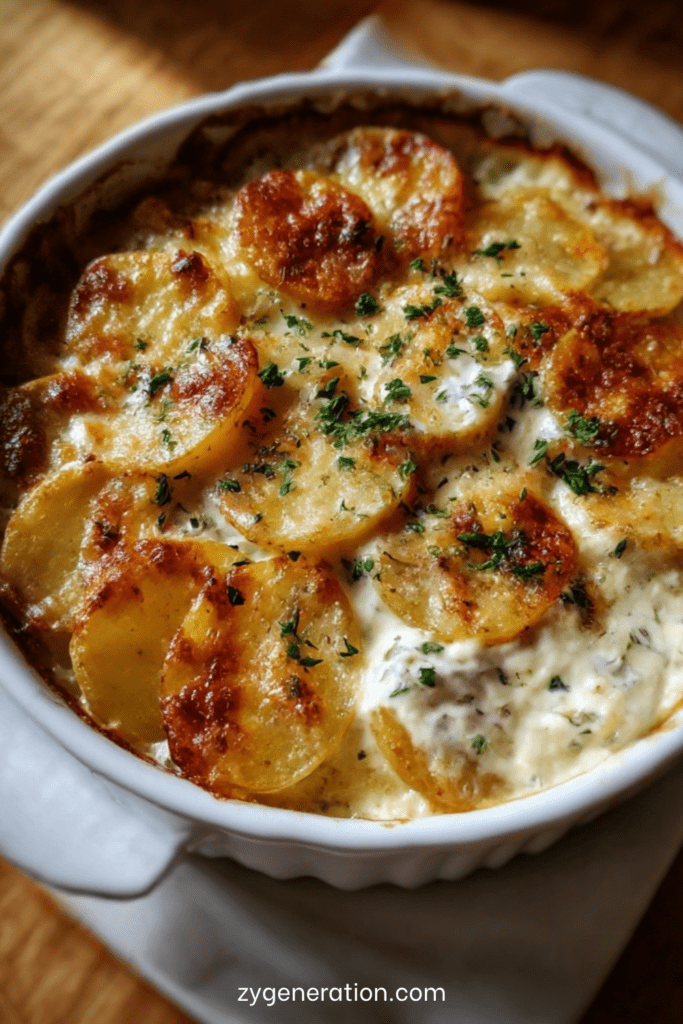 Cassolette de pommes de terre gratinées à la crème avec croûte dorée au fromage et persil frais, servie chaude dans un petit plat individuel.