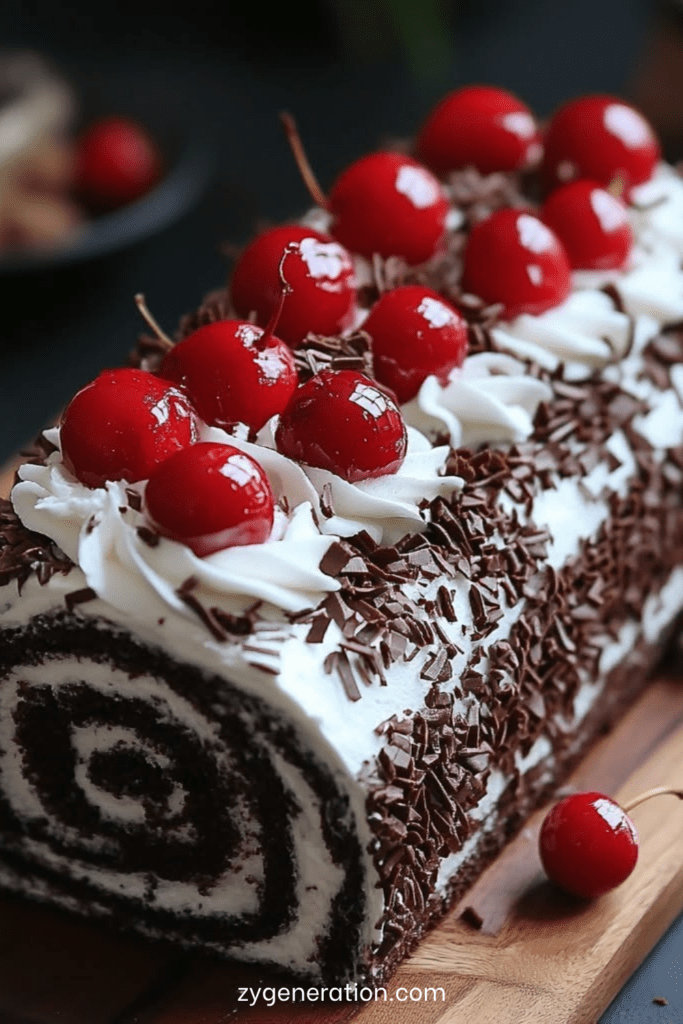 Gâteau roulé Forêt-Noire au chocolat garni de chantilly et cerises, décoré de copeaux de chocolat et sucre glace sur une assiette élégante.