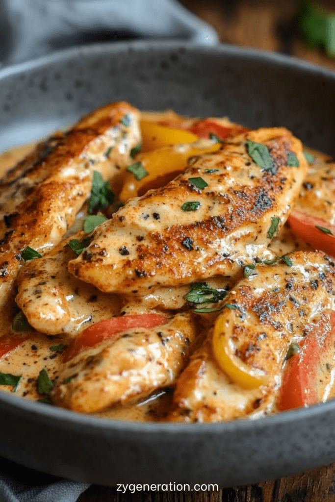 Émincé de poulet à la crème de poivrons rouges et jaunes, nappé de sauce onctueuse avec persil frais, servi chaud dans une assiette.