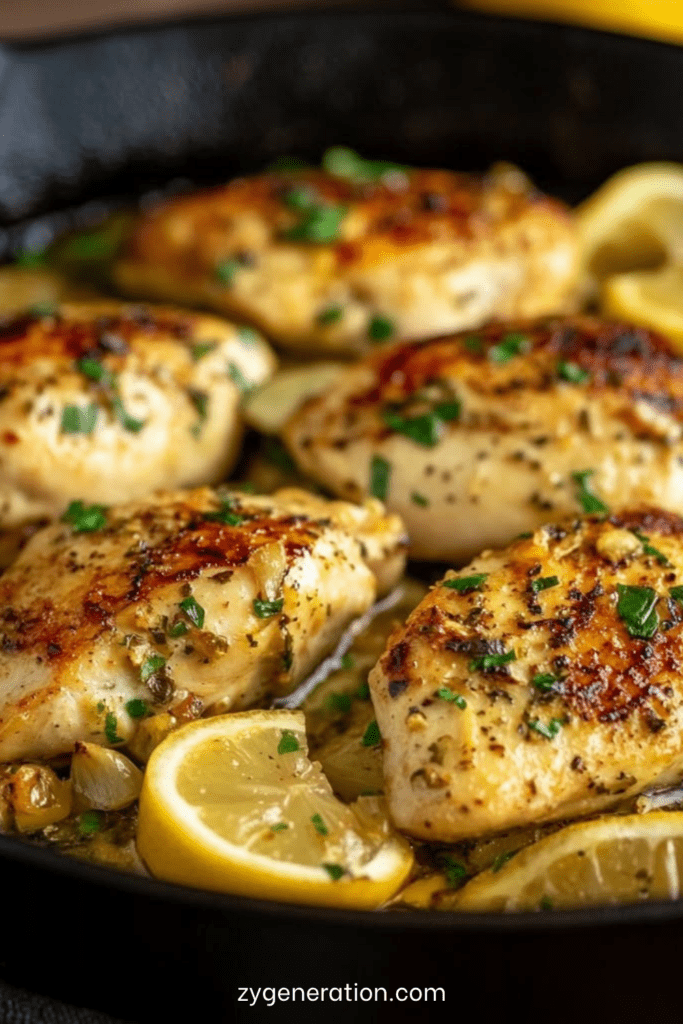 Filets de poulet au citron dorés nappés de sauce au citron et à l’ail avec rondelles de citron et persil frais dans une poêle chaude.