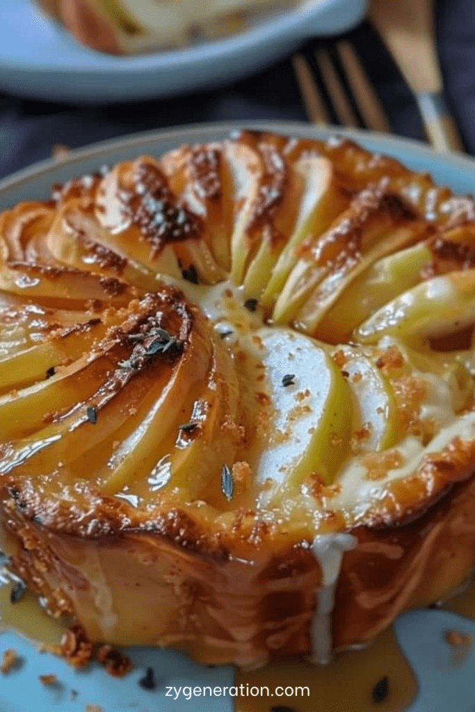 Gâteau crousti-fondant aux pommes doré, présenté en parts, avec une base de biscuits sablés croustillante, des fines tranches de pommes fondantes et une crème vanillée légèrement gratinée.