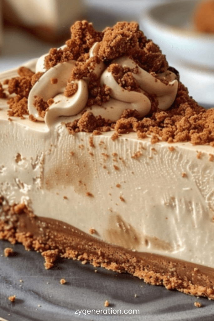 Gâteau mousse au spéculoos présenté sur un plat, avec une base biscuitée croquante, une mousse onctueuse couleur caramel et un décor de miettes de spéculoos.
