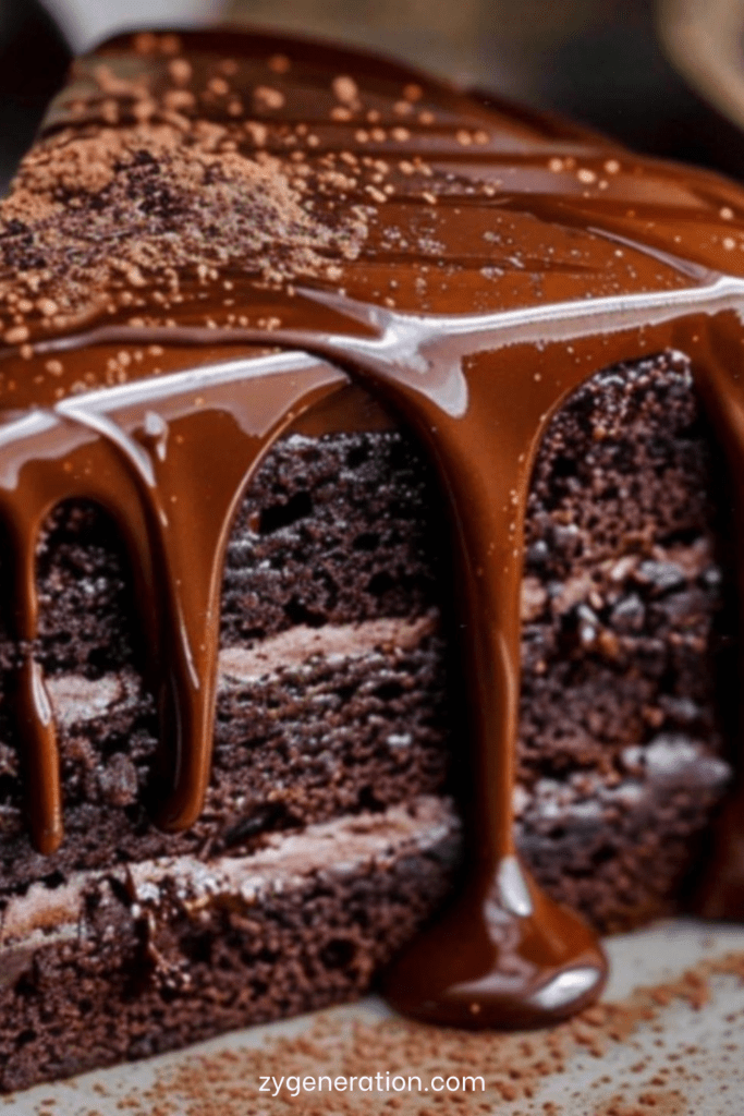 Gâteau au chocolat maison moelleux et fondant, légèrement craquelé sur le dessus, saupoudré de sucre glace et découpé en parts généreuses.