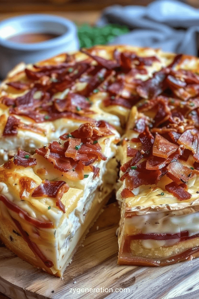 Cake camembert et lardons salé, tranches moelleuses avec fromage fondant visible, présenté sur une planche rustique.