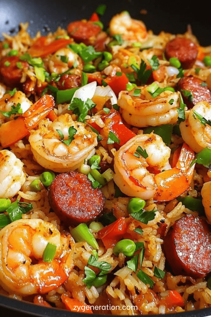 Riz frit cajun aux crevettes et saucisses, coloré avec poivrons, œufs brouillés et oignons verts, servi chaud dans une poêle.