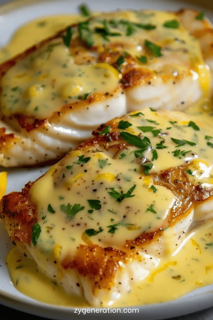 Sauce au citron onctueuse nappant un filet de poisson, avec persil frais et texture légèrement épaisse et brillante.