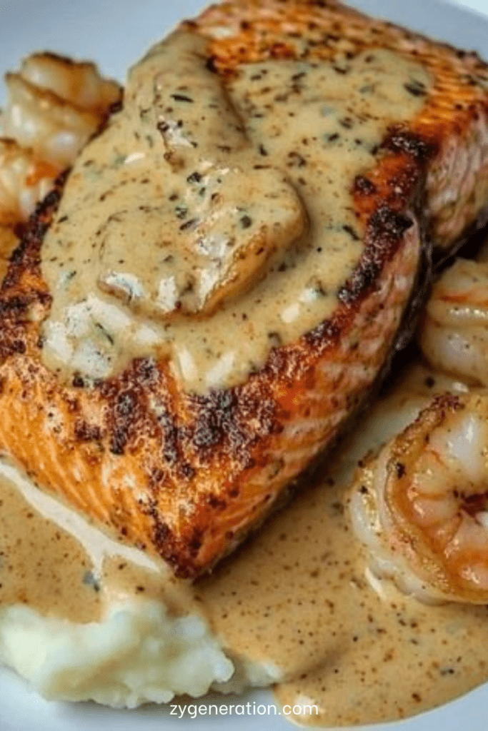 Pavé de saumon poêlé accompagné de crevettes nappées de sauce crémeuse, servi avec une purée de pommes de terre lisse et onctueuse.