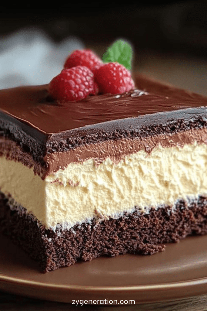 Gâteau chocolat avec base moelleuse, mousse vanille aérienne et ganache brillante, décoré de framboises fraîches sur le dessus.