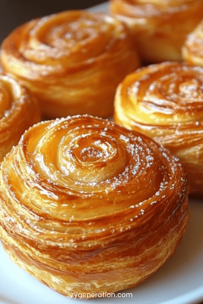 Cruffins dorés et croustillants en spirale, avec couches feuilletées caramélisées, saupoudrés de sucre glace dans un moule à muffins.