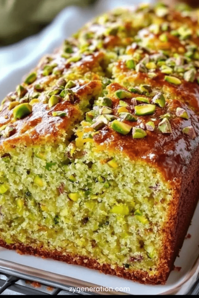 Cake à la pistache moelleux avec croûte brillante, parsemé de pistaches concassées, texture fondante et intérieur vert délicat.
