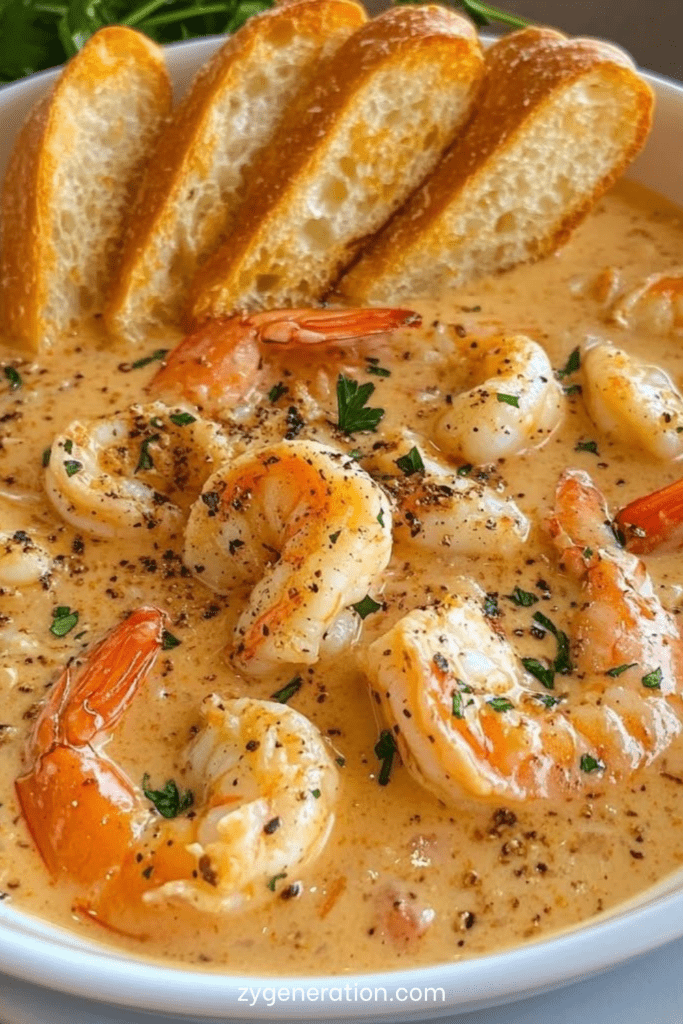 Bol de bisque de crevettes onctueuse, couleur orangée intense, garnie de crevettes tendres et persil frais, servie avec pain grillé.