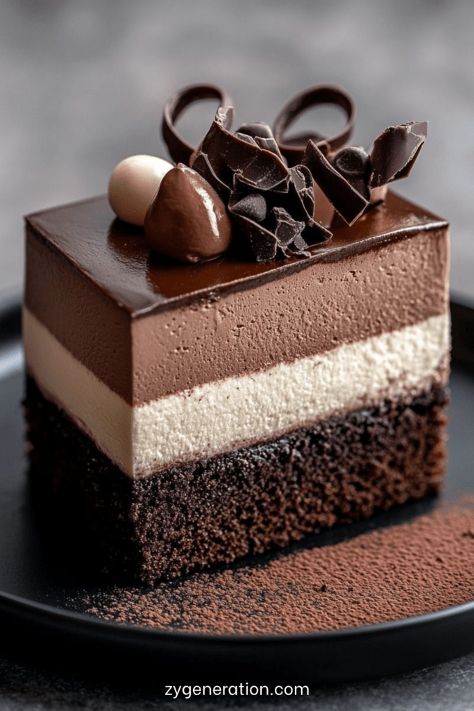 Entremets trois chocolats avec couches distinctes noir, lait et blanc, recouvert d’un glaçage brillant et décoré de copeaux de chocolat.