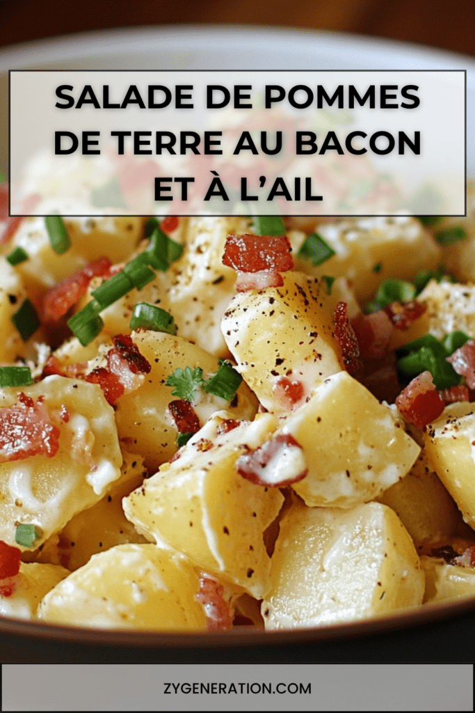 Saladier de salade de pommes de terre au bacon et à l’ail avec rondelles de pommes de terre fondantes, bacon croustillant, persil frais haché et vinaigrette tiède parfumée.