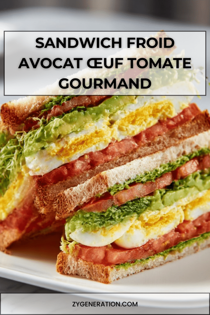 Sandwich froid gourmand garni de pain de mie grillé, avocat écrasé, rondelles d’œuf dur, tomate fraîche, salade verte et jeunes pousses, coupé en triangle sur une assiette claire.