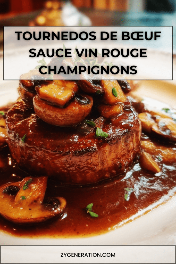 Tournedos de bœuf épais nappé de sauce au vin rouge brillante, accompagné de champignons dorés et parsemé de persil frais dans une assiette élégante.