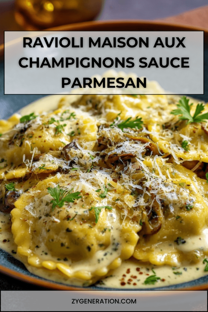 Ravioli maison farcis aux champignons nappés de sauce crémeuse au parmesan, servis dans une assiette creuse avec persil frais et fromage râpé.