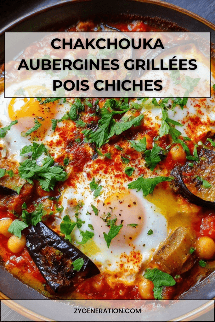Chakchouka aux aubergines grillées et pois chiches avec œufs pochés dans une sauce tomate épicée, garnie de persil frais dans une poêle rustique.