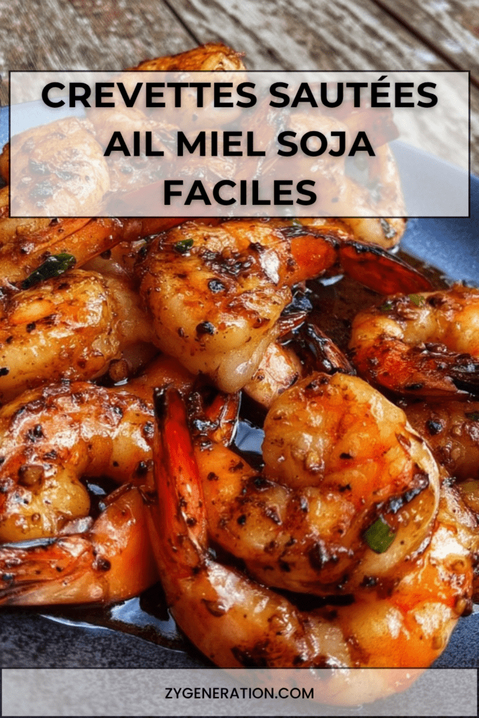 Crevettes sautées brillantes nappées de sauce miel-soja avec ail doré et herbes fraîches, servies dans une poêle avec une finition brillante.