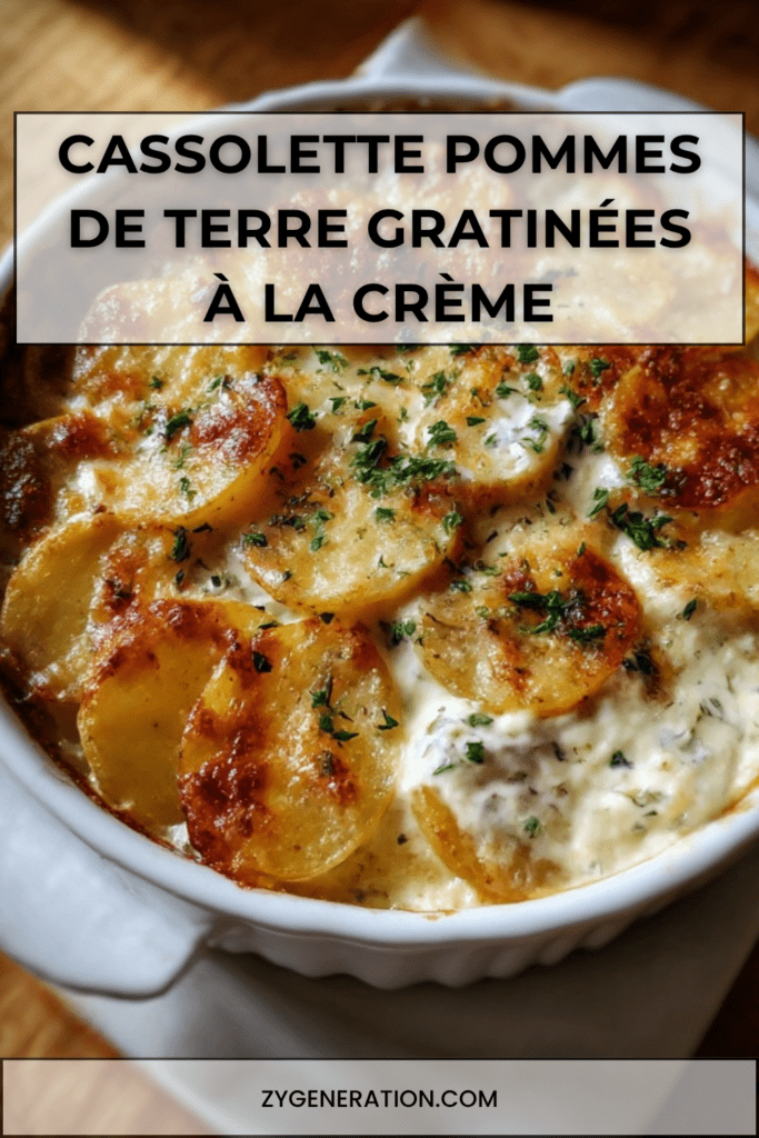 Cassolette de pommes de terre gratinées à la crème avec croûte dorée au fromage et persil frais, servie chaude dans un petit plat individuel.