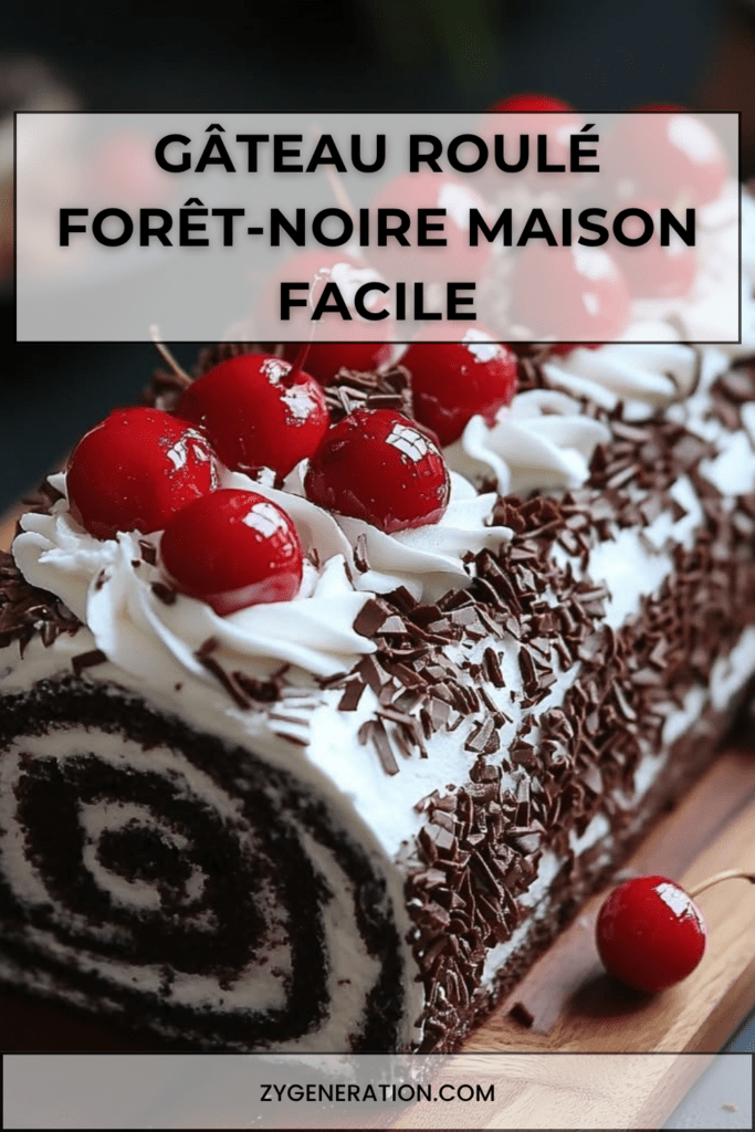 Gâteau roulé Forêt-Noire au chocolat garni de chantilly et cerises, décoré de copeaux de chocolat et sucre glace sur une assiette élégante.