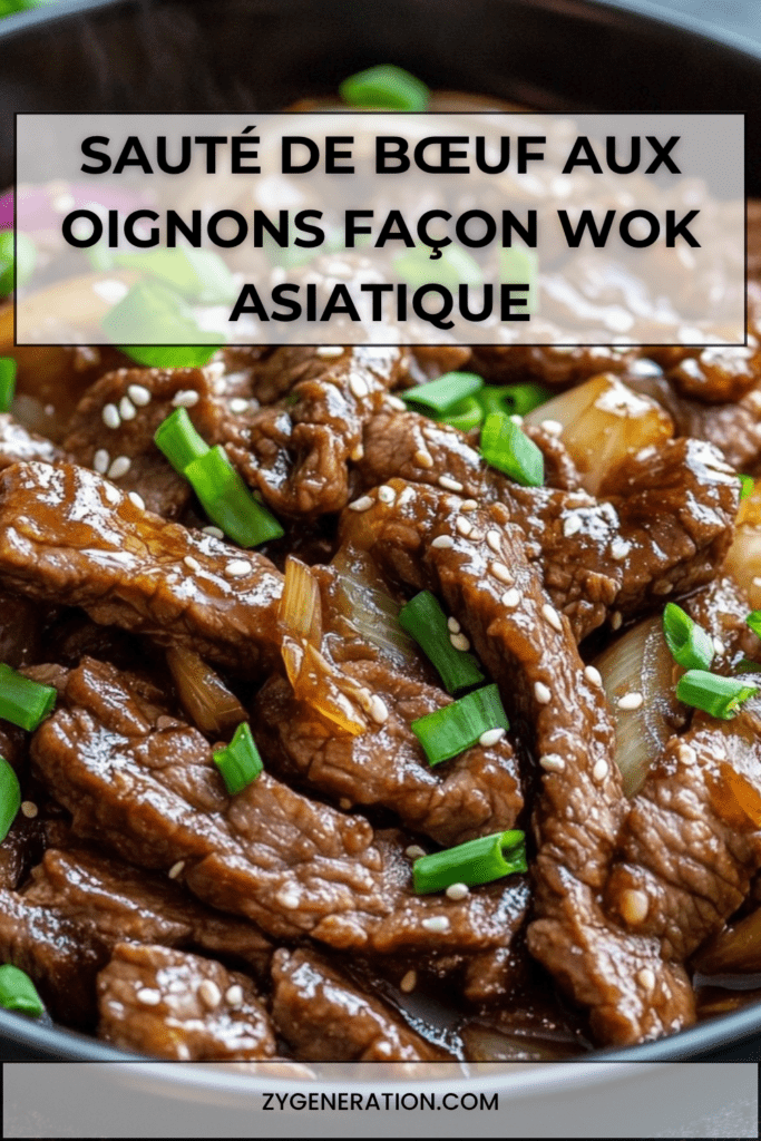 Assiette de sauté de bœuf aux oignons à la chinoise avec lamelles de viande brillantes, oignons légèrement caramélisés et sauce nappante, servie avec du riz blanc.