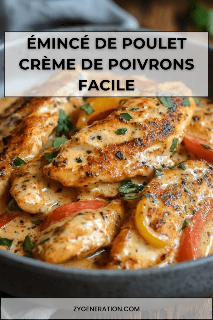 Émincé de poulet à la crème de poivrons rouges et jaunes, nappé de sauce onctueuse avec persil frais, servi chaud dans une assiette.