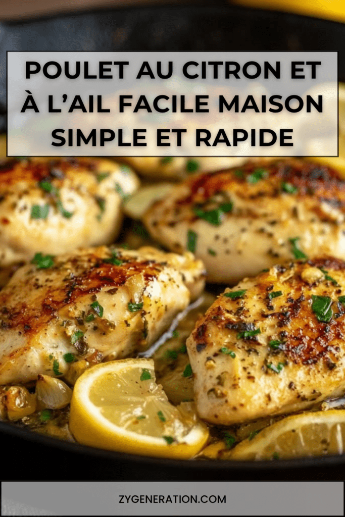 Filets de poulet au citron dorés nappés de sauce au citron et à l’ail avec rondelles de citron et persil frais dans une poêle chaude.
