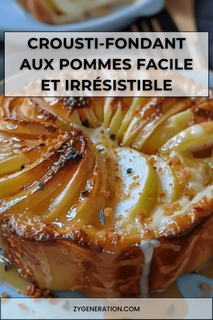 Gâteau crousti-fondant aux pommes doré, présenté en parts, avec une base de biscuits sablés croustillante, des fines tranches de pommes fondantes et une crème vanillée légèrement gratinée.
