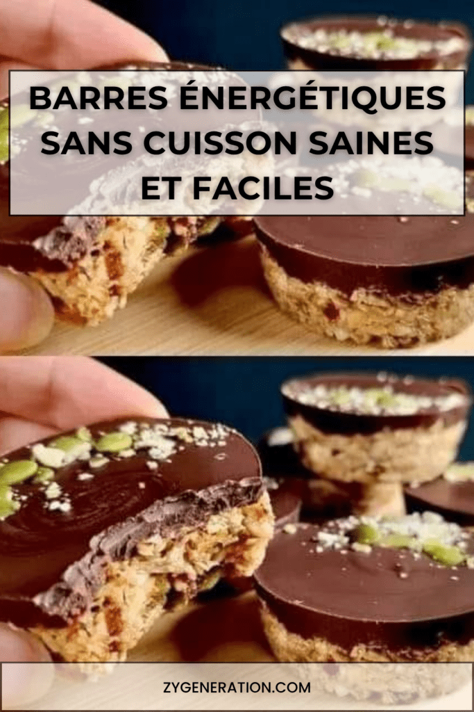 Barres énergétiques maison sans cuisson aux flocons d’avoine, dattes, graines et chocolat noir, découpées en portions régulières sur une surface en bois.