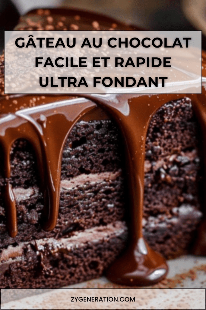Gâteau au chocolat maison moelleux et fondant, légèrement craquelé sur le dessus, saupoudré de sucre glace et découpé en parts généreuses.