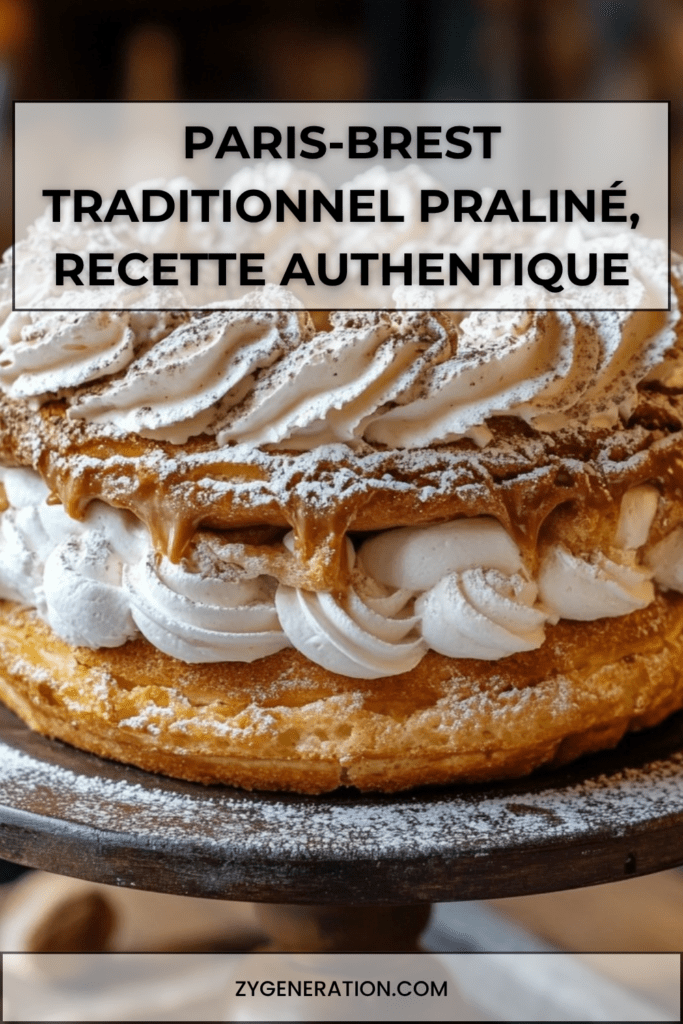 Paris-Brest traditionnel en couronne avec pâte à choux dorée, amandes effilées grillées et garniture généreuse de crème mousseline pralinée.